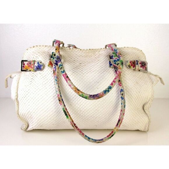 SONDRA ROBERTS SNAKE EMBOSSED WHITE GENUINE LEATHER HOBO TOTE SHOULDER BAG PURSE - Picture 1 of 11